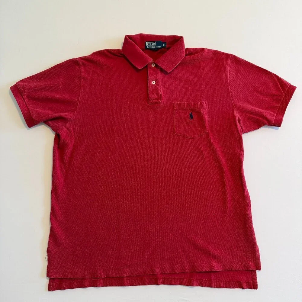 Vintage 80s POLO RALPH LAUREN Red Pique Short Sleeve Pocket Shirt XL